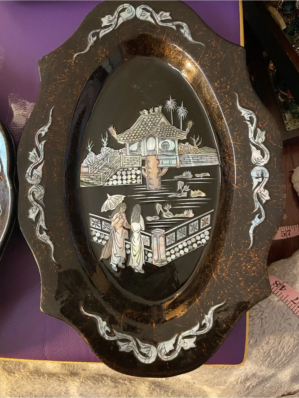 Hand-Painted Black Lacquer Decorative Serving Trays with Mother-of-Pearl Inlay